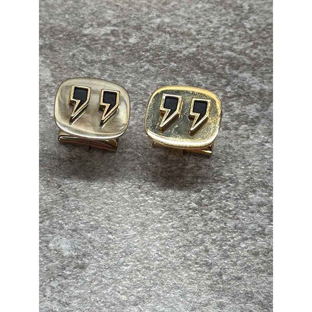 Vintage Gold Tone Quotation Mark Cufflinks Black Enamel Punctuation Jewelry